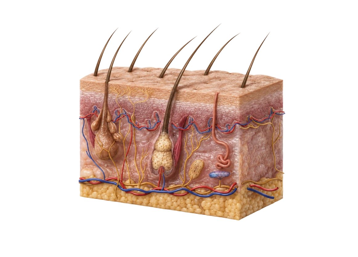 Illustration of a scalp cross-section with product buildup around hair follicles